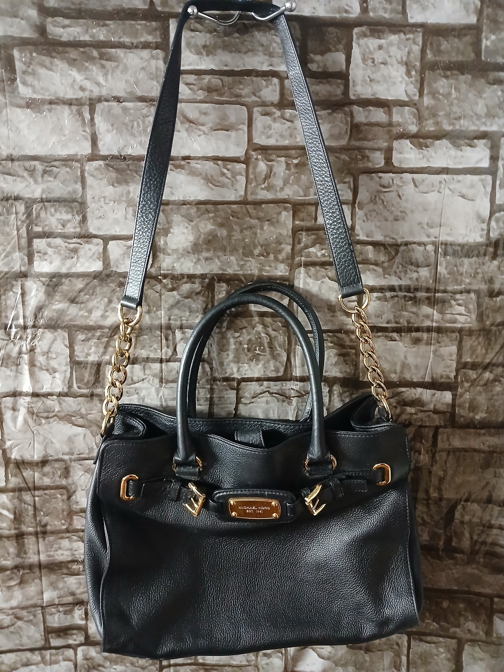 MICHAEL Michael Kors Black Leather Satchel with Gold-Tone Chain Hardware